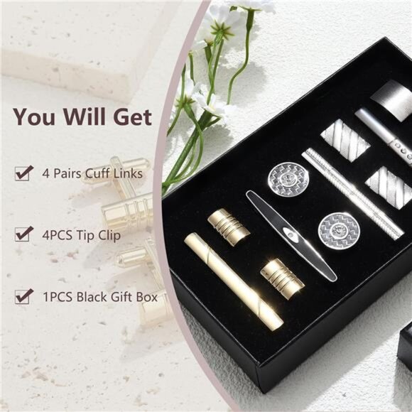 Tie Clip Cufflinks Set for Men Necktie TieBar Clips Business Shirts Wedding Gift - Picture 4 of 7